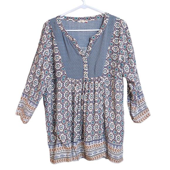 Easel Tunic Top Blouse V Neck Three Quarter Sleeve Size Medium Blue Boho Artsy - Picture 1 of 6